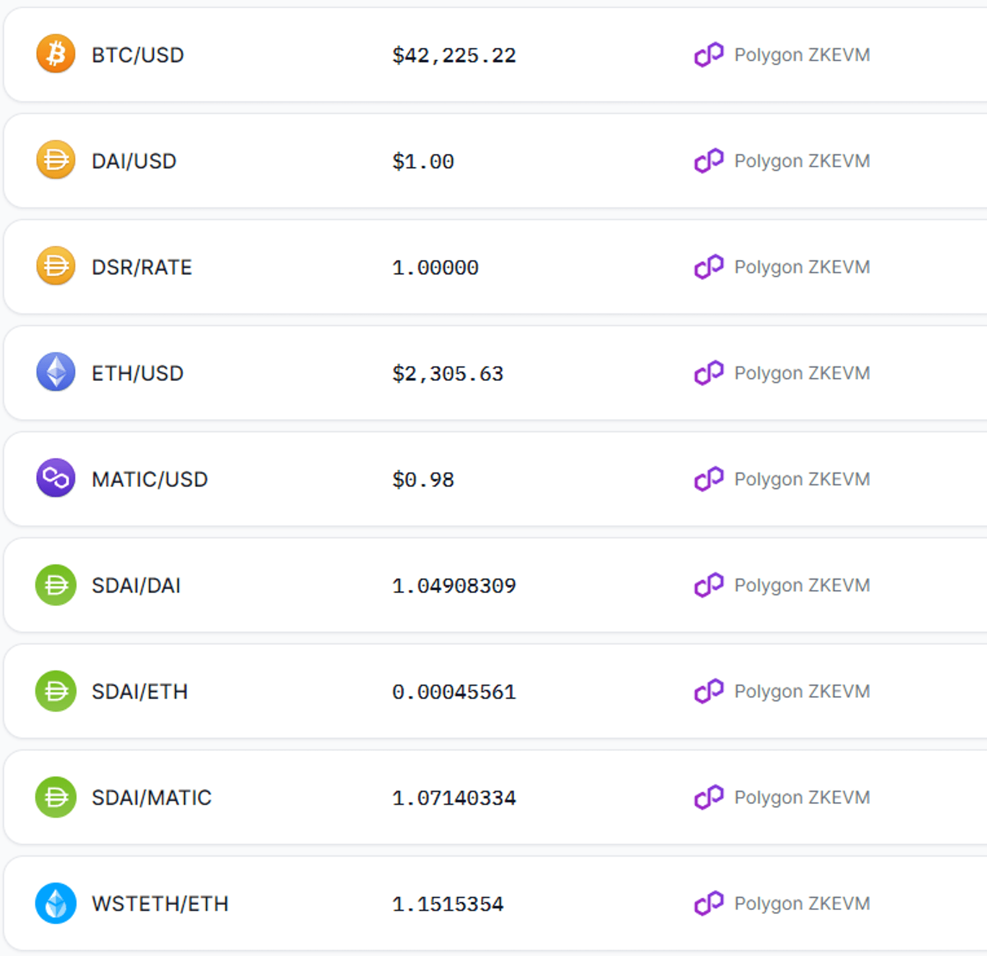 Realtime price feeds currently live on Polygon zkEVM at the time of writing